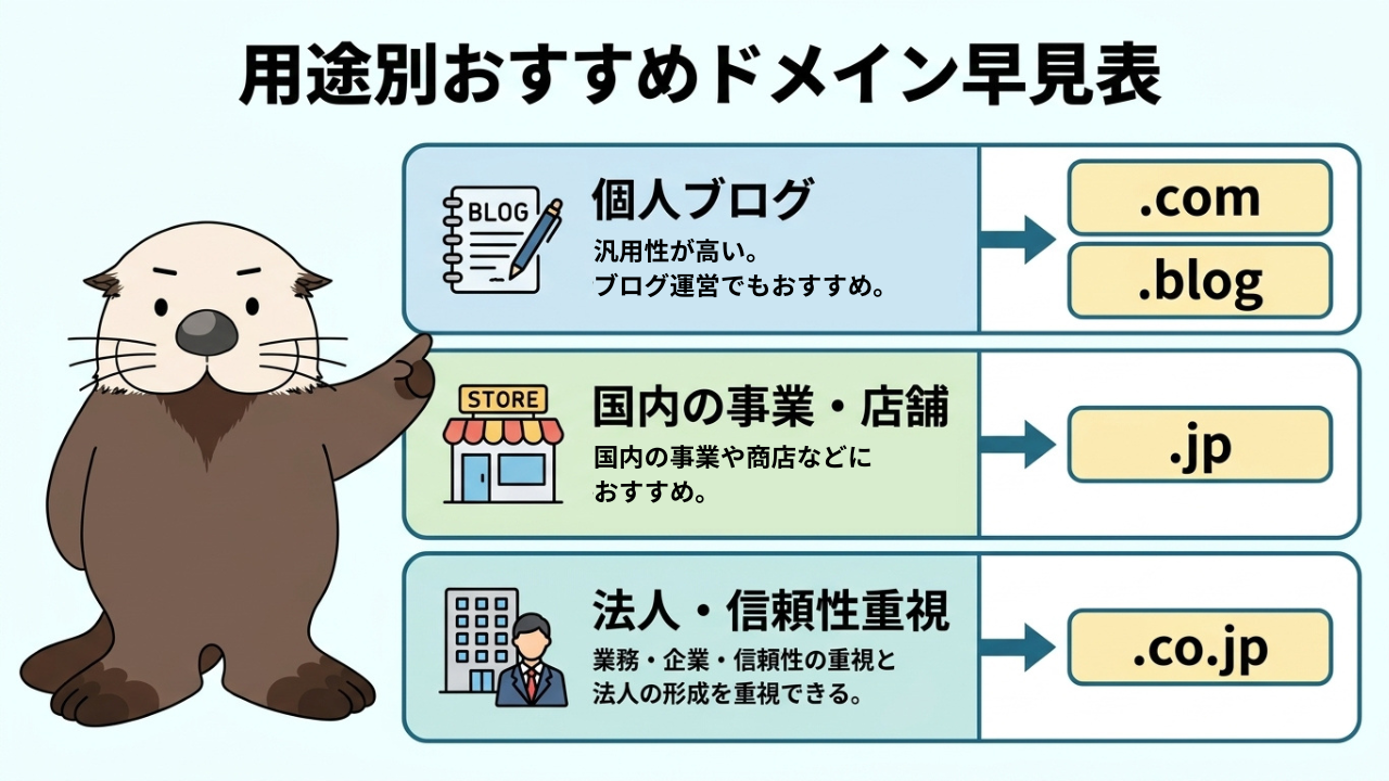 用途別おすすめドメイン早見表:ブログは.com、国内事業は.jp、法人は.co.jp