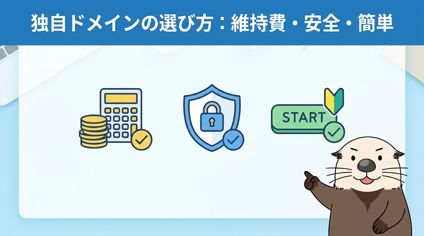 維持費・安全性・はじめやすさを基準とした独自ドメインの選び方を示すラッコの図解