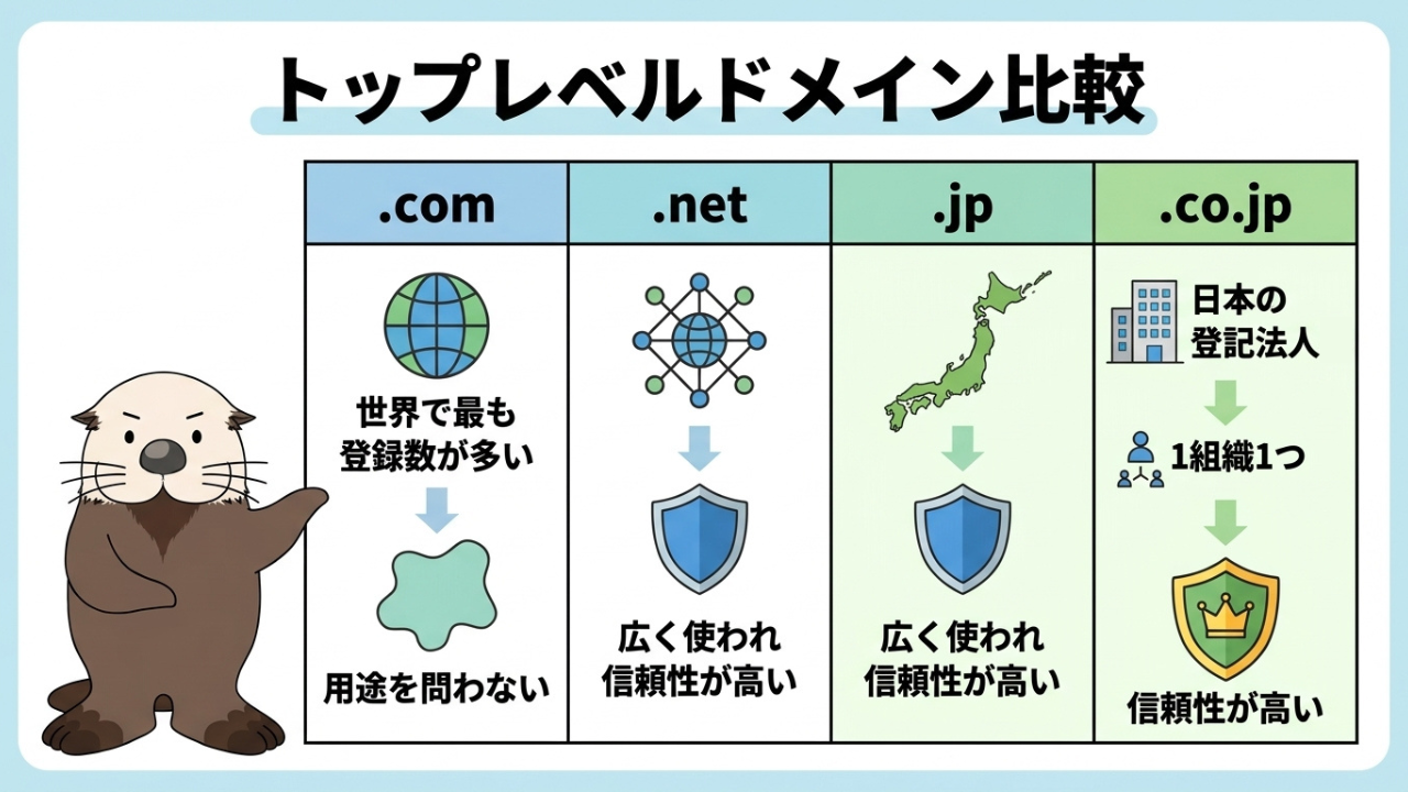 .com、.net、.jp、.co.jpの特徴や信頼性をまとめたトップレベルドメイン比較表