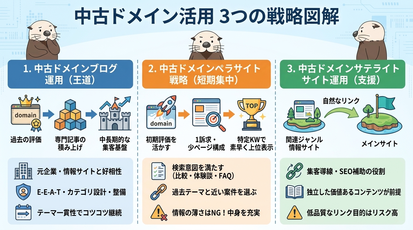 中古ドメインを用いたブログ、ペラサイト、サテライト運用の3つの戦略とそれぞれの特徴を解説する図解