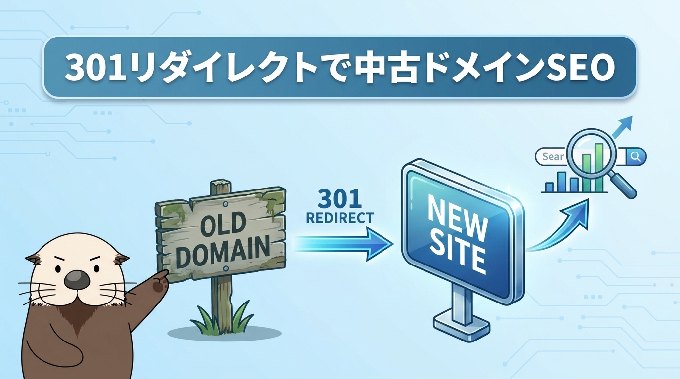 中古ドメインから新サイトへ301リダイレクトを行うSEO戦略を示す図解