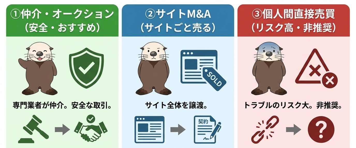 サイト売買の比較:安全な仲介・オークション、サイトM&A、リスクの高い個人間直接売買