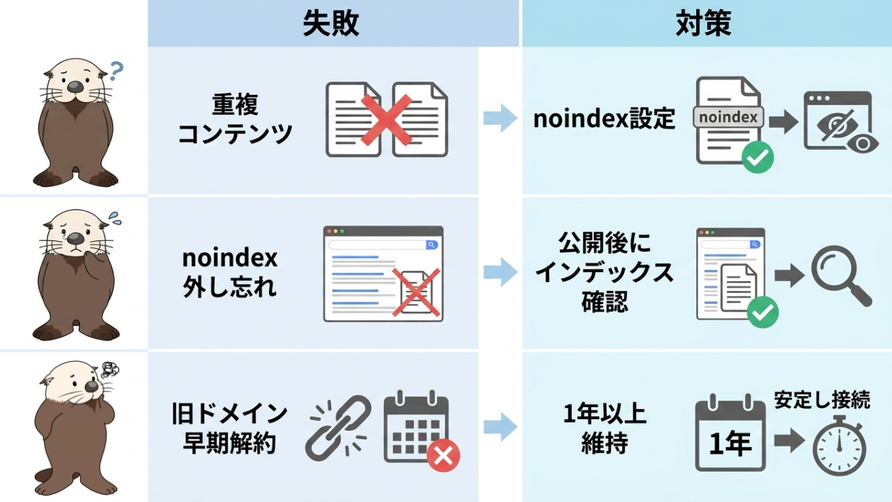 SEOの失敗と対策:重複コンテンツ、noindex外し忘れ、旧ドメイン早期解約の解決策を説明。