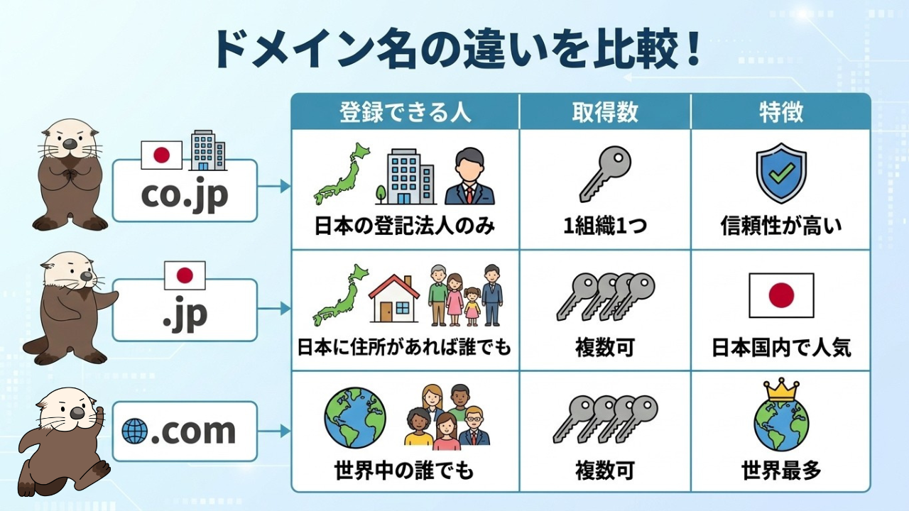 co.jp、.jp、.comの登録資格・取得数・特徴を比較した表