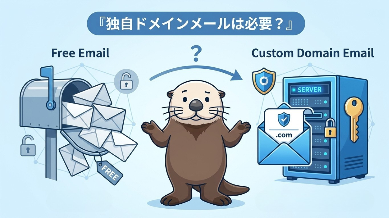 カワウソが「独自ドメインメールは必要?」と問い、無料版と独自ドメイン版を比較する図解