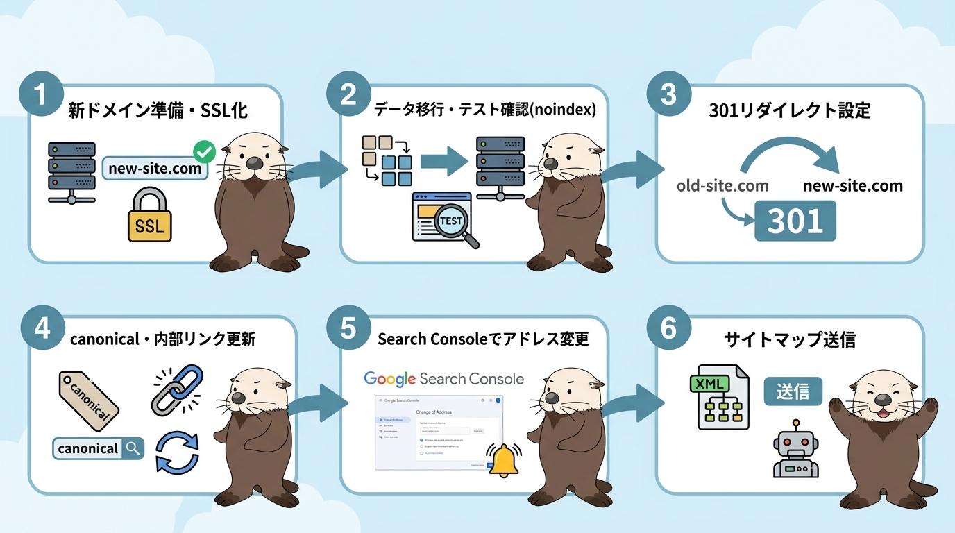 ドメイン移行の6ステップを順番に並べたフロー図。新ドメイン準備とSSL化、データ移行とテスト確認、301リダイレクト設定、canonicalと内部リンク更新、Search Consoleでアドレス変更、サイトマップ送信の順