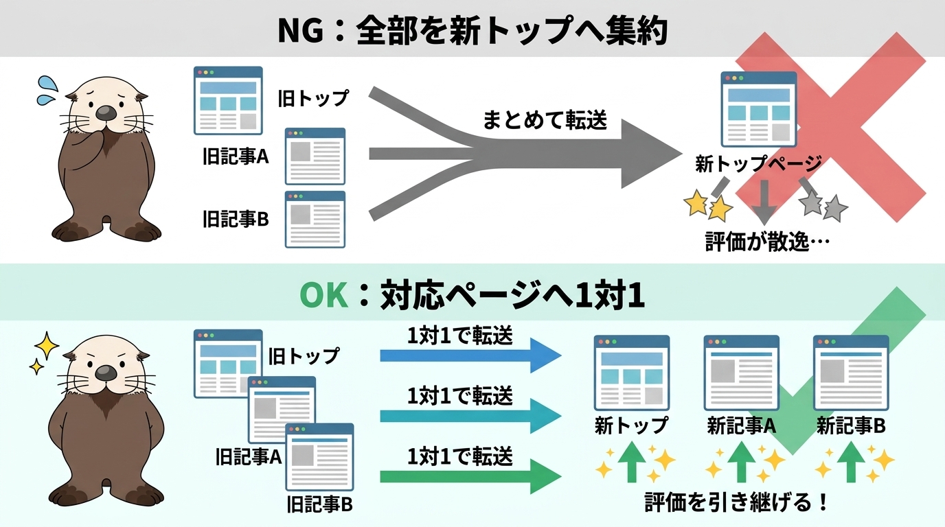 NG例(旧の全ページを新トップページ1つに集約するリダイレクト)とOK例(旧ページを対応する新ページへ1対1でリダイレクト)を対比した図解